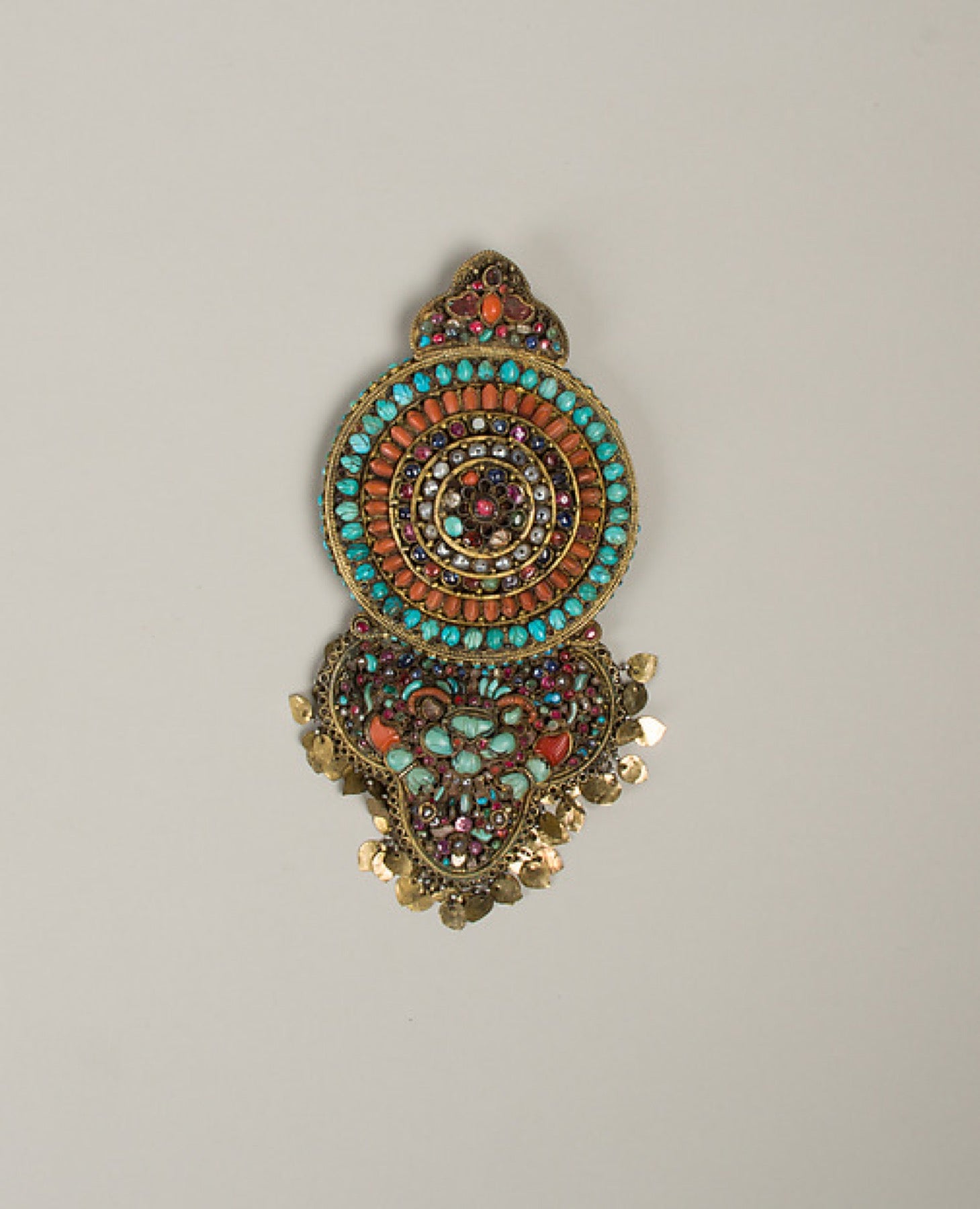 Tibetan silver-gilt earring with inset stones